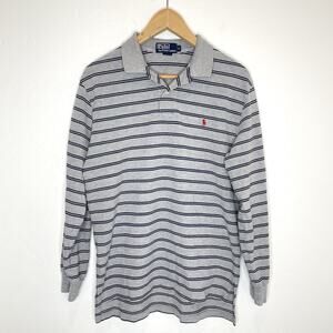 Polo Ralph Lauren Long Sleeve Polo Shirt Mens Medium Gray Striped Navy Blue